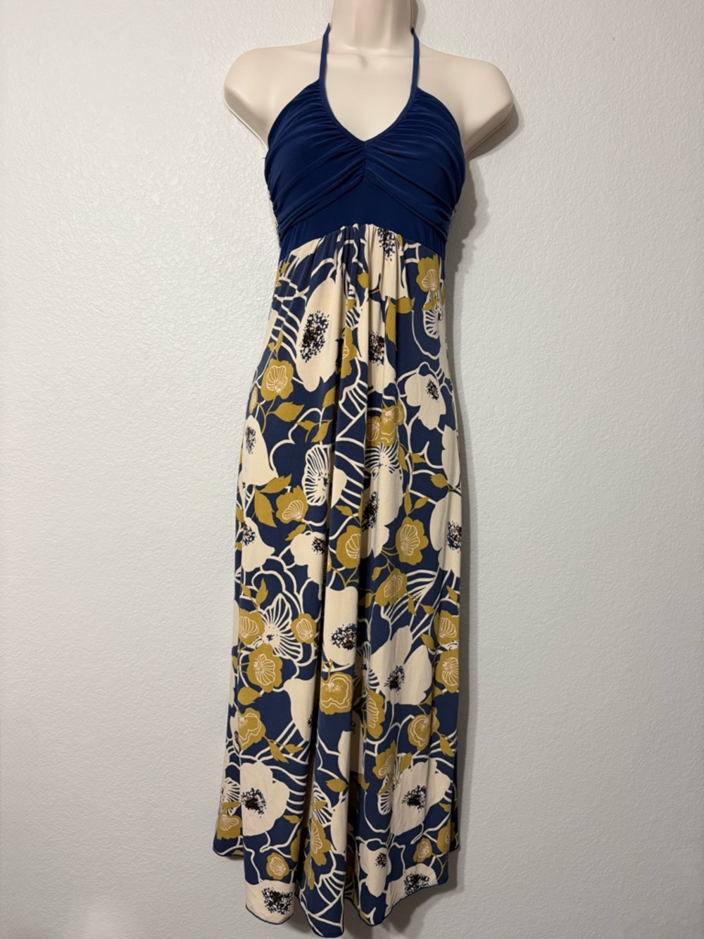 Wet Seal Y2K Navy Halter Maxi Babydoll Dress with Cream and Gold Floral Print
